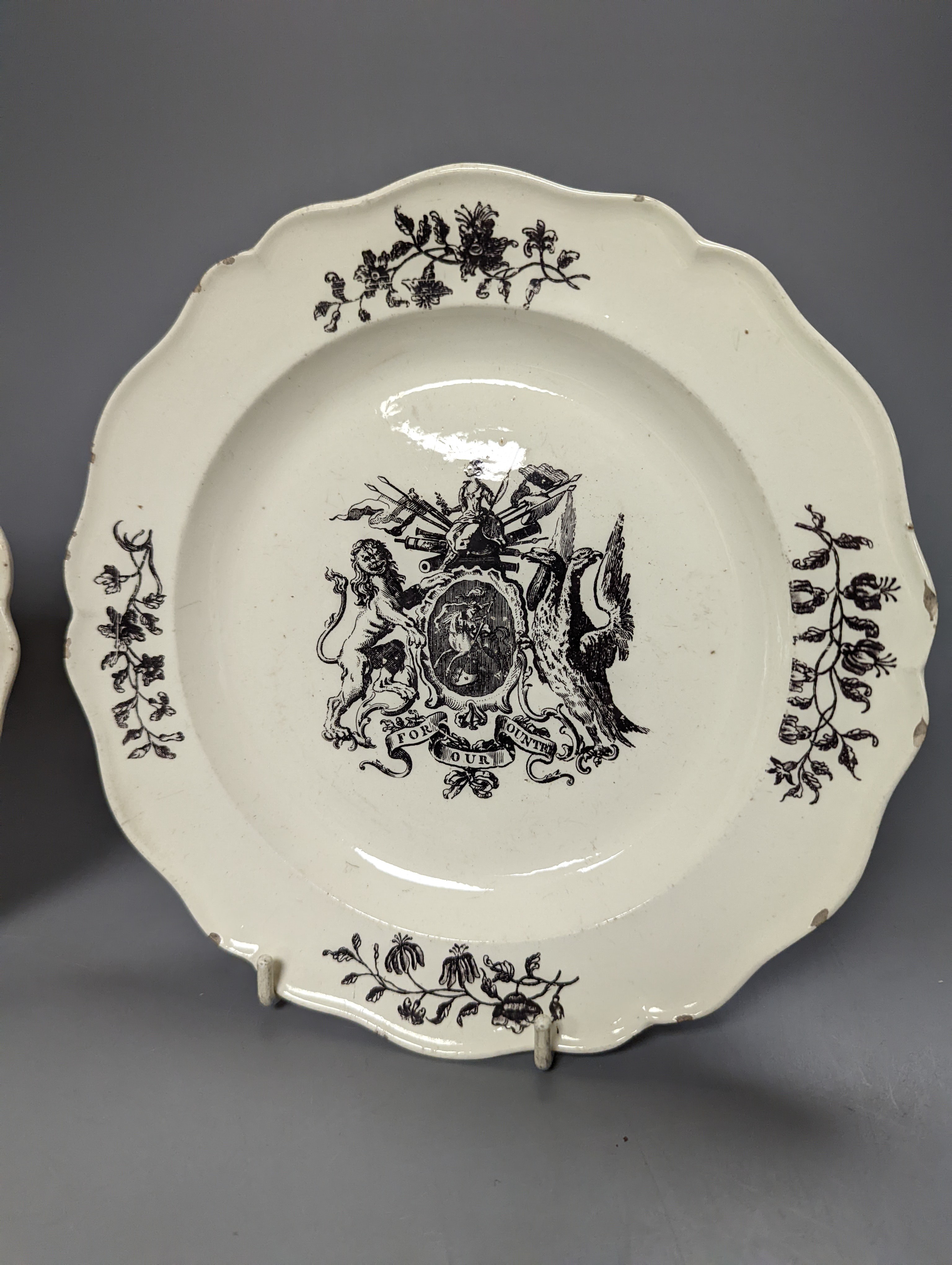 Two creamware Anti Gallican Society plates, c.1760, 21cm diameter (2)